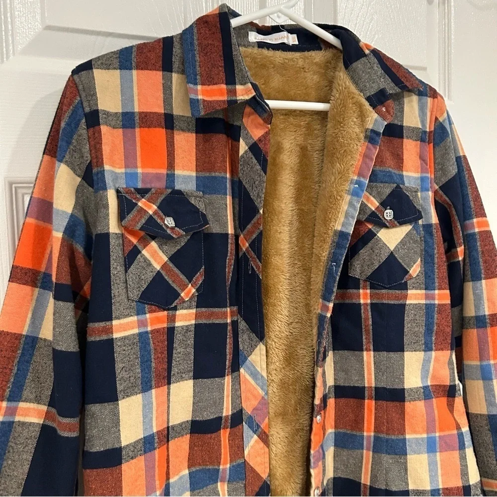 Boys Plaid Flannel Fleece Jacket Sz XXL Button Up Warm Collar Blue Tan Orange